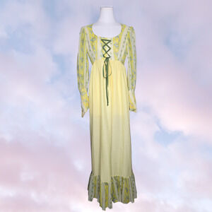Vtg 70s Boho Handmade Yellow Empire Waist Cottage Retro Flower Long Sleeve Dress